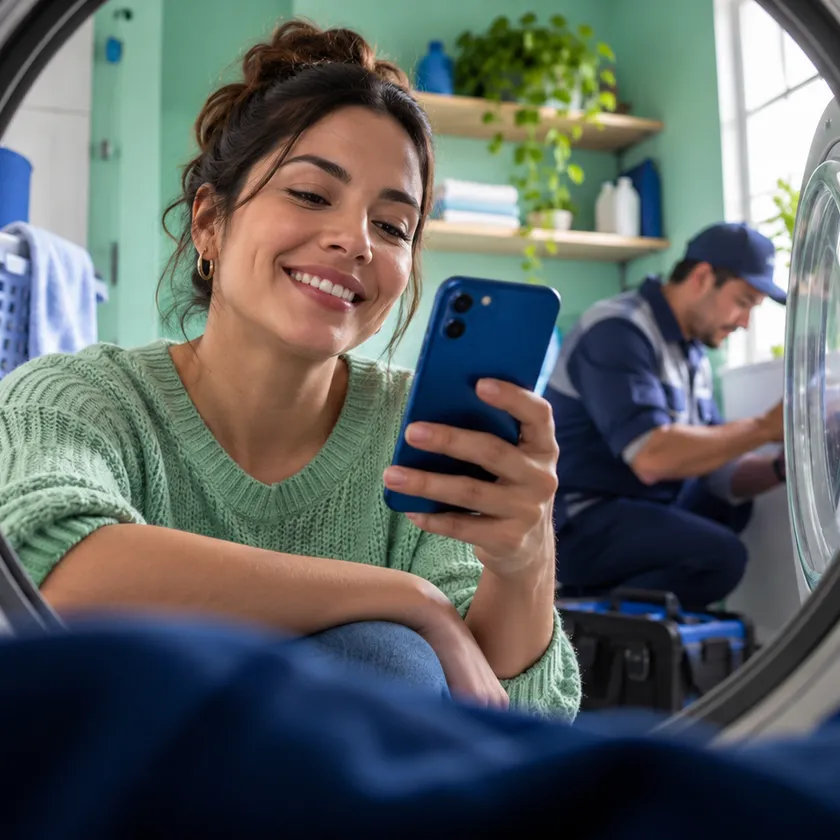 Mujer sonríe mientras revisa su celular en un cuarto de lavado