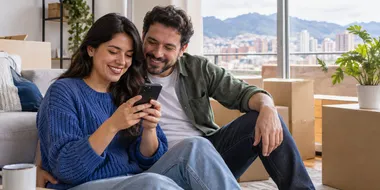 Pareja sonriente revisando su celular mientras organiza cajas de mudanza en su nuevo apartamento