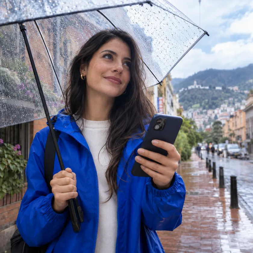 Mujer consulta su celular mientras camina bajo la lluvia