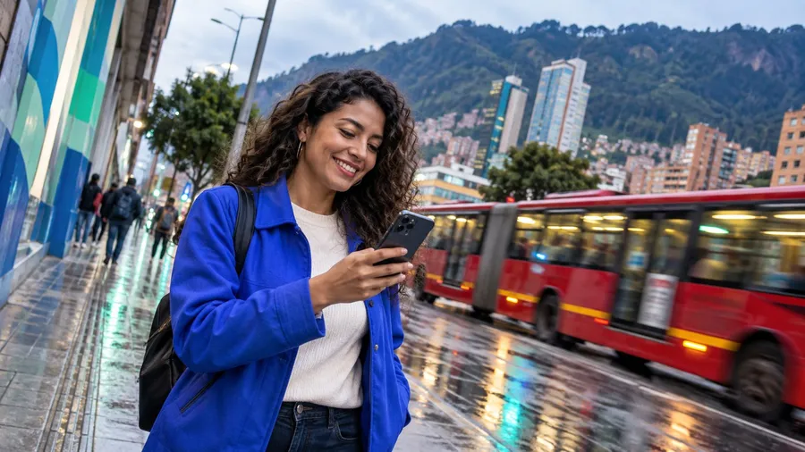 Mujer sonriendo mientras revisa su celular en una calle de Bogotá, con un bus articulado al fondo