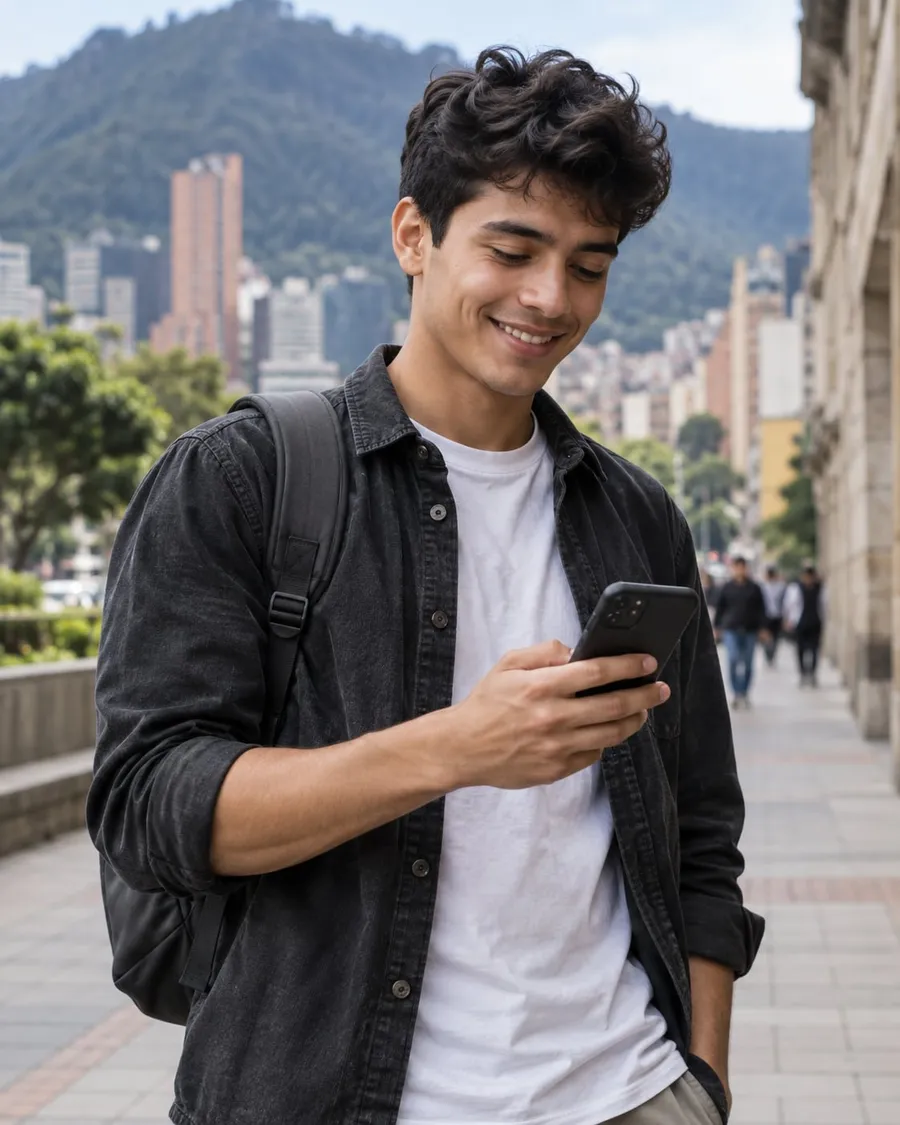 Joven colombiano cool usando su celular en Bogotá