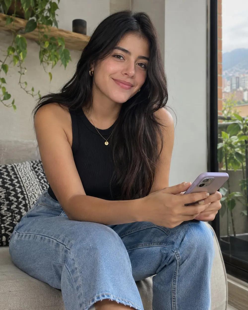 Joven colombiana con celular en un ambiente cotidiano