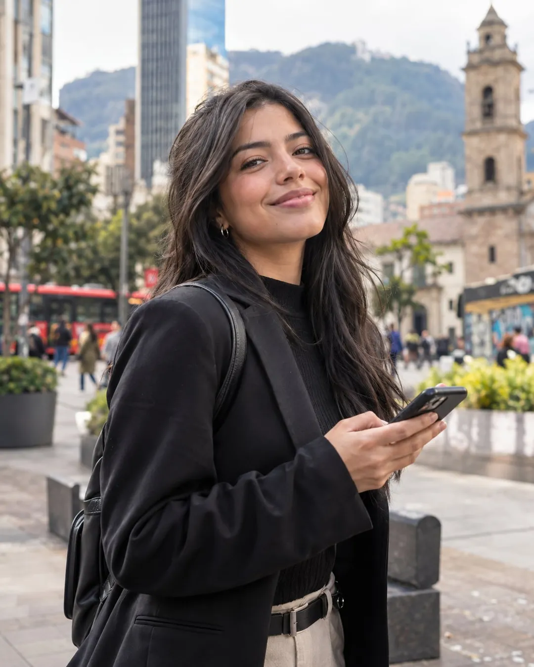 Joven colombiana cool con celular en el centro de Bogotá