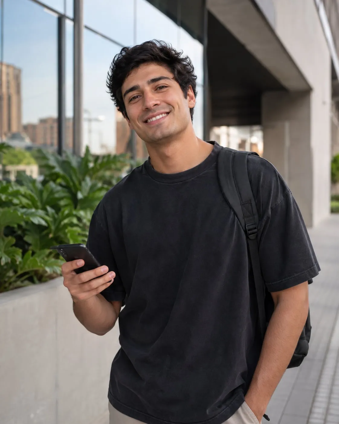 Joven colombiano cool con mochila y celular
