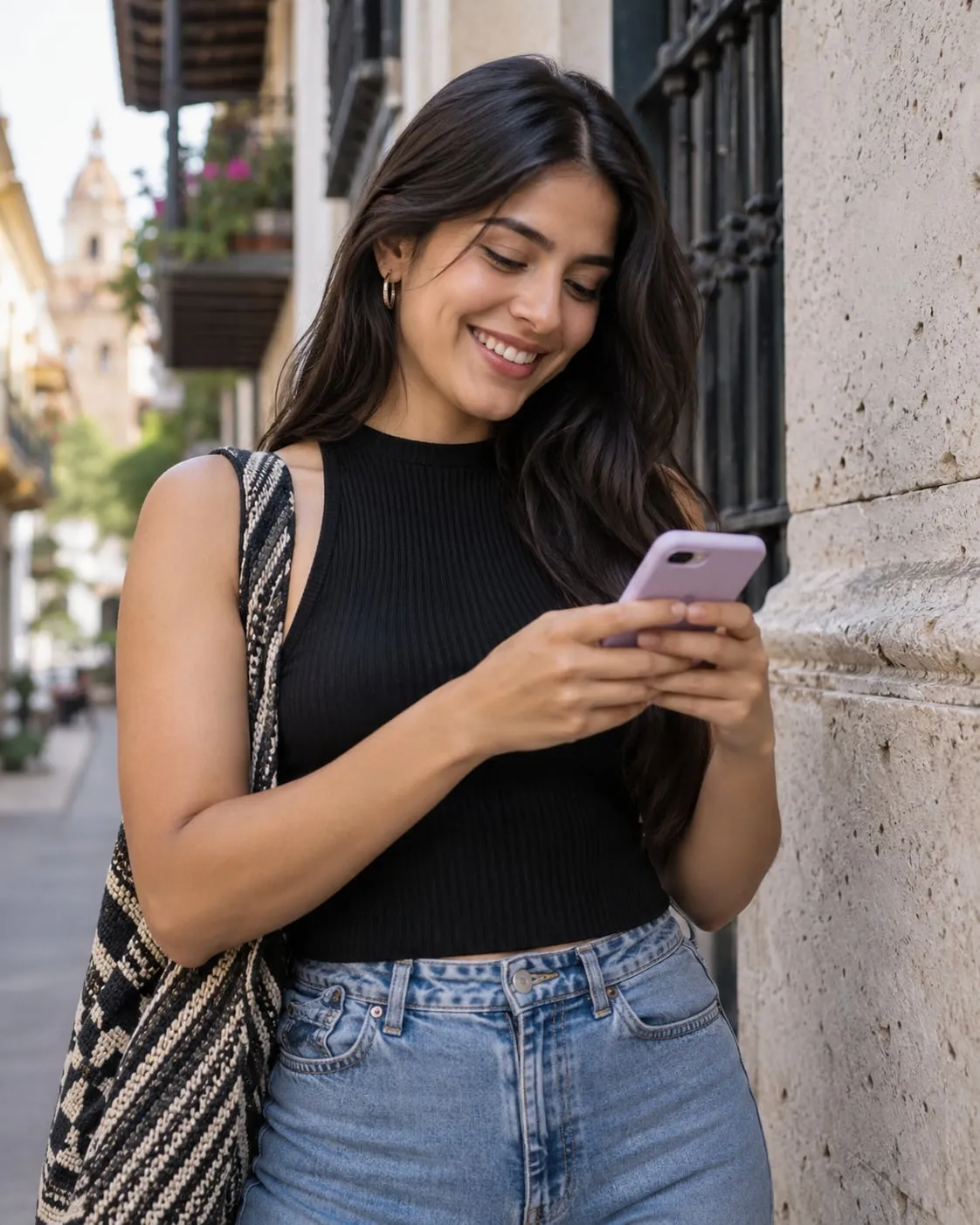 Joven colombiana usando su celular en una calle colombiana