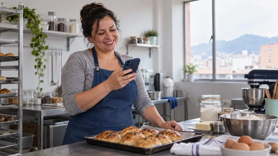 Panadera sonriendo mientras revisa su celular junto a una bandeja de pan recién horneado