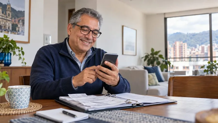 Hombre revisando su celular en la mesa de su casa, con papeles y una carpeta de cuentas