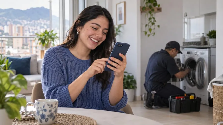 Mujer sonriendo mientras revisa su celular en su cocina, con un técnico reparando un electrodoméstico al fondo